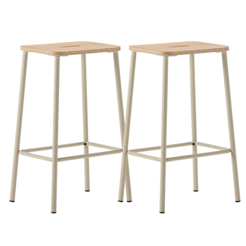 Lot de 2 tabourets de bar H65cm en bois naturel pied en métal beige - BAHIA