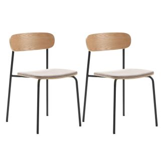 Lot de 2 chaises dossier bois assise tissu taupe et pieds métal noir - RIDILA