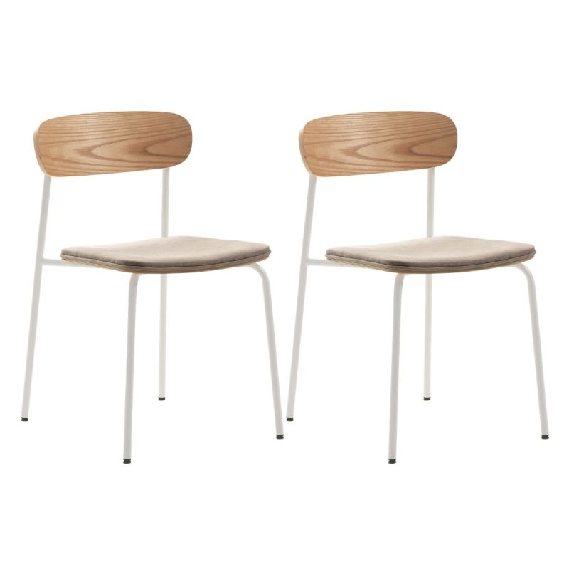 Lot de 2 chaises dossier bois assise tissu beige et pieds métal blanc - RIDILA