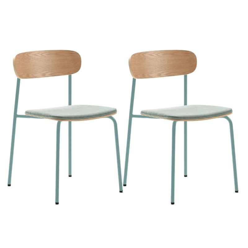 Lot de 2 chaises dossier bois assise tissu et pieds métal aigue-marine - RIDILA
