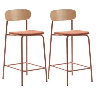Lot de 2 tabourets de bar dossier bois assise tissu et pieds métal brique - RIDILA