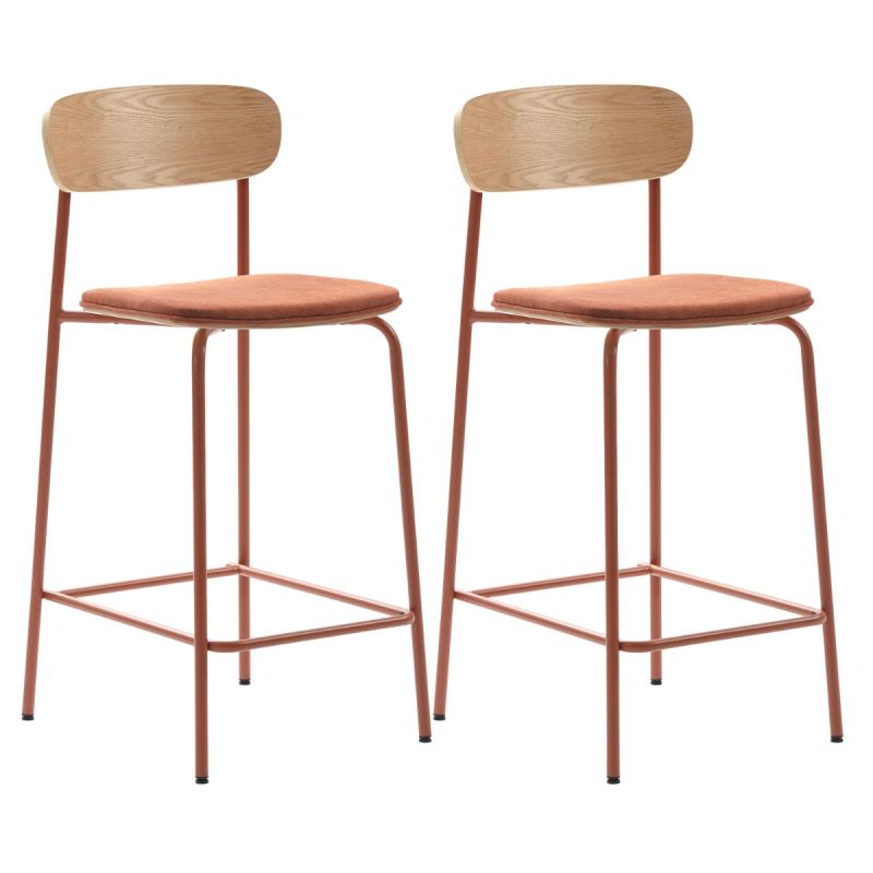 Lot de 2 tabourets de bar dossier bois assise tissu et pieds métal brique - RIDILA