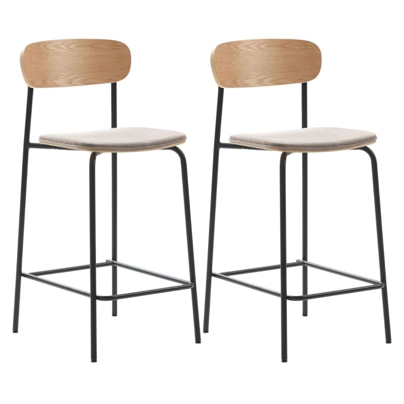 Lot de 2 tabourets de bar dossier bois assise tissu taupe et pieds métal noir - RIDILA