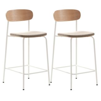 Lot de 2 tabourets de bar dossier bois assise tissu beige et pieds métal blanc - RIDILA