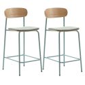 Lot de 2 tabourets de bar dossier bois assise tissu et pieds métal aigue-marine - RIDILA
