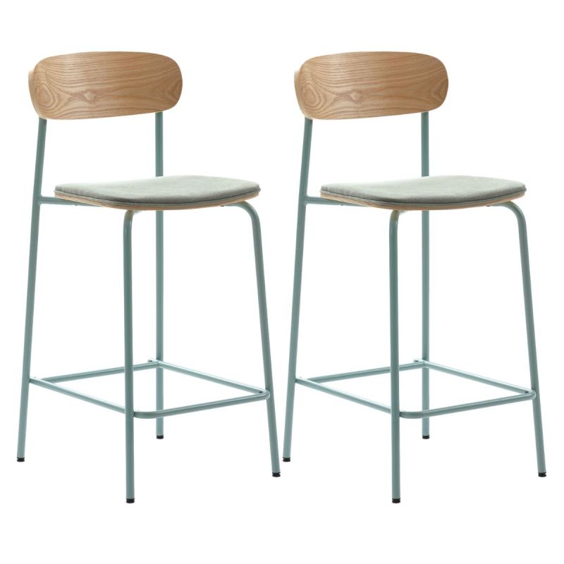 Lot de 2 tabourets de bar dossier bois assise tissu et pieds métal aigue-marine - RIDILA