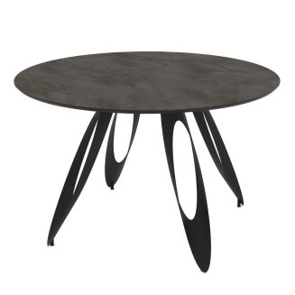 Table repas ronde Ø130cm plateau aspect minéral anthracite pieds design métal noir - ONARYS