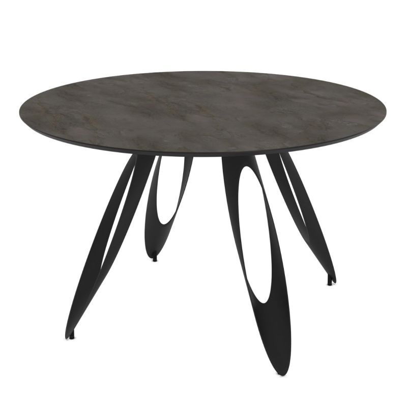 Table repas ronde Ø130cm plateau aspect minéral anthracite pieds design métal noir - ONARYS