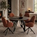 Table repas ronde Ø130cm plateau aspect minéral anthracite pieds design métal noir - ONARYS