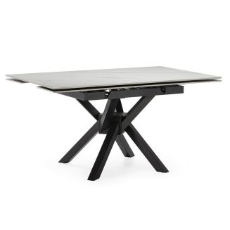 Table repas extensible carrée en pierre frittée blanc pieds croisés métal noir - ARIETTE