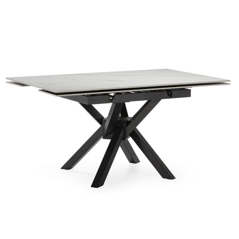 Table repas extensible carrée en pierre frittée blanc pieds croisés métal noir - ARIETTE