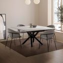 Table repas extensible carrée en pierre frittée blanc pieds croisés métal noir - ARIETTE