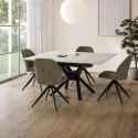 Table repas extensible carrée en pierre frittée blanc pieds croisés métal noir - ARIETTE