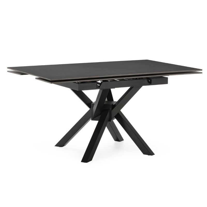Table repas extensible carrée pierre frittée anthracite pieds croisés métal noir - ARIETTE