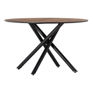 Table repas ronde Ø120cm MDF aspect chêne pieds croisées métal noir - AMAEL
