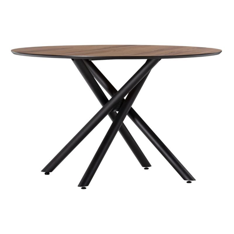 Table repas ronde Ø120cm MDF aspect chêne pieds croisées métal noir - AMAEL