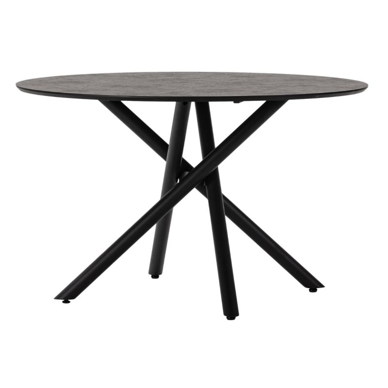 Table repas ronde Ø120cm MDF aspect pierre noire pieds croisées métal noir - AMAEL