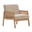Fauteuil bois accoudoir cannage rotin assise et dossier en velours côtelé beige - BRADY