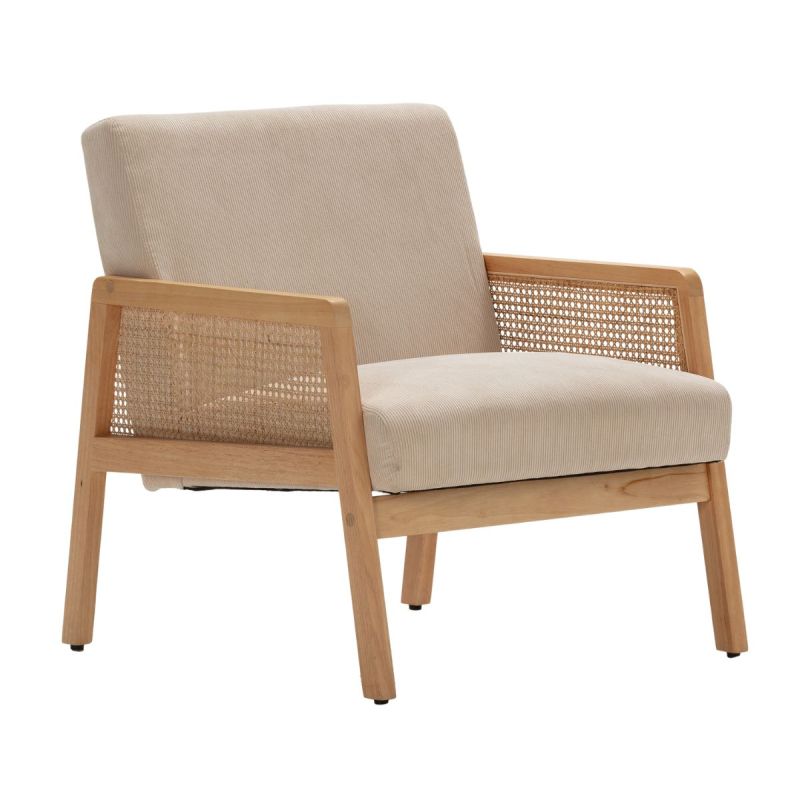 Fauteuil bois accoudoir cannage rotin assise et dossier en velours côtelé beige - BRADY