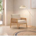 Fauteuil bois accoudoir cannage rotin assise et dossier en velours côtelé beige - BRADY