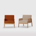 Fauteuil bois accoudoir cannage rotin assise et dossier en velours côtelé beige - BRADY