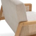Fauteuil bois accoudoir cannage rotin assise et dossier en velours côtelé beige - BRADY