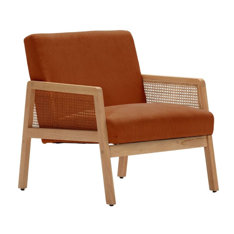 Fauteuil bois accoudoir cannage rotin assise et dossier en velours côtelé terracotta - BRADY