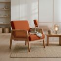 Fauteuil bois accoudoir cannage rotin assise et dossier en velours côtelé terracotta - BRADY