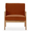 Fauteuil bois accoudoir cannage rotin assise et dossier en velours côtelé terracotta - BRADY