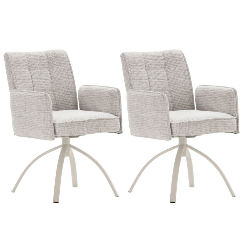 Lot de 2 fauteuils de table pivotants en tissu chenille beige pied design métal crème - CLAUDE
