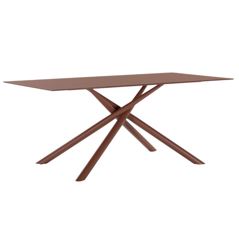 Table repas rectangulaire 180cm plateau en verre trempé et pieds croisés métal terracotta - AXELLE