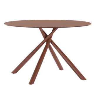 Table repas ronde Ø120cm plateau en verre trempé et pieds croisés métal terracotta - AXELLE