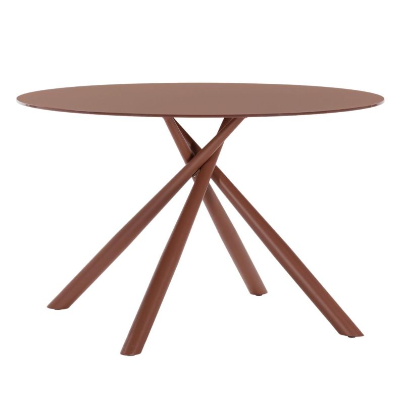 Table repas ronde Ø120cm plateau en verre trempé et pieds croisés métal terracotta - AXELLE