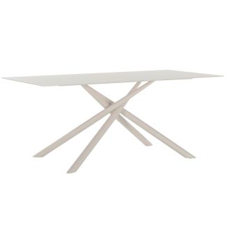 Table repas rectangulaire 180cm plateau en verre trempé et pieds croisés métal crème - AXELLE