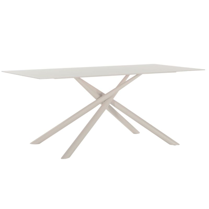 Table repas rectangulaire 180cm plateau en verre trempé et pieds croisés métal crème - AXELLE