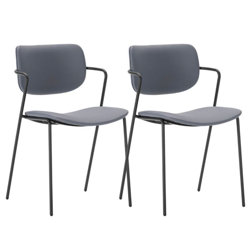 Lot de 2 chaises structure métal noir assise et dossier en PU gris bleuté - AKIMA