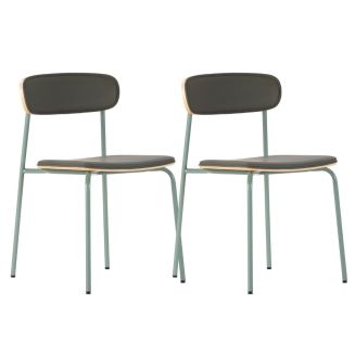Lot de 2 chaises structure métal gris bleuté assise et dossier bois et PU vert - LAURA