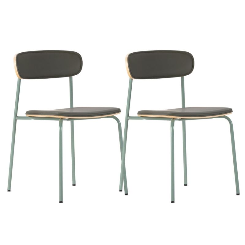 Lot de 2 chaises structure métal gris bleuté assise et dossier bois et PU vert - LAURA