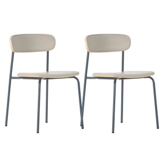 Lot de 2 chaises structure métal bleu foncé assise et dossier bois et PU beige - LAURA