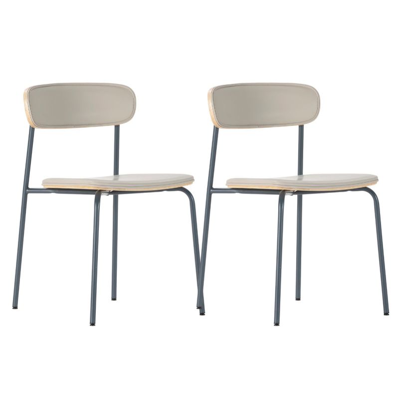 Lot de 2 chaises structure métal bleu foncé assise et dossier bois et PU beige - LAURA