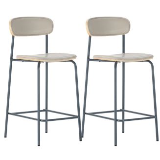 Lot de 2 tabourets de bar structure métal gris bleuté assise et dossier bois et PU vert - LAURA