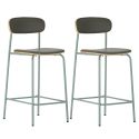 Lot de 2 tabourets de bar structure métal bleu foncé assise et dossier bois et PU beige - LAURA