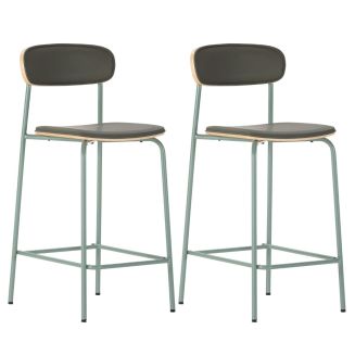 Lot de 2 tabourets de bar structure métal bleu foncé assise et dossier bois et PU beige - LAURA