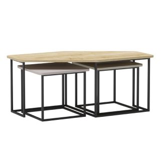 Tables basses gigogne plateaux design aspect bois, beige et vert sauge pieds métal noir - ZORIA