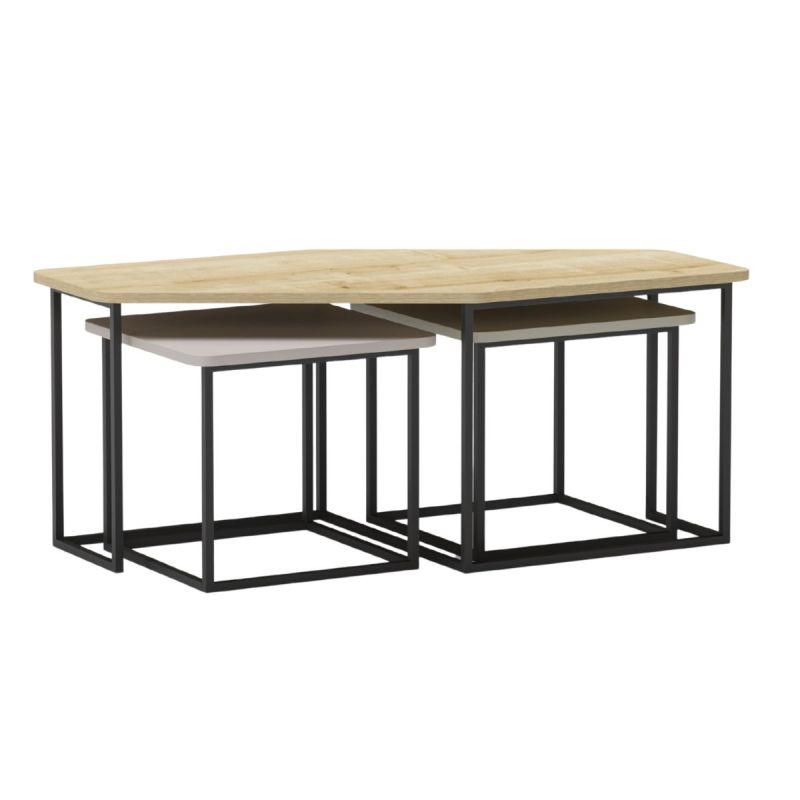 Tables basses gigogne plateaux design aspect bois, beige et vert sauge pieds métal noir - ZORIA