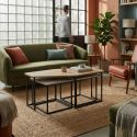 Tables basses gigogne plateaux design aspect bois, beige et vert sauge pieds métal noir - ZORIA