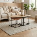 Tables basses gigogne plateaux design aspect bois, brique et vert sauge pieds métal noir - ZORIA