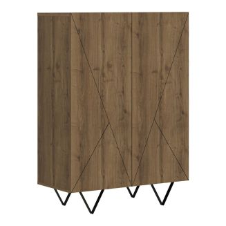 Rangement 2 portes aspect bois foncé avec lignes graphiques pieds métal en V - CORELLE