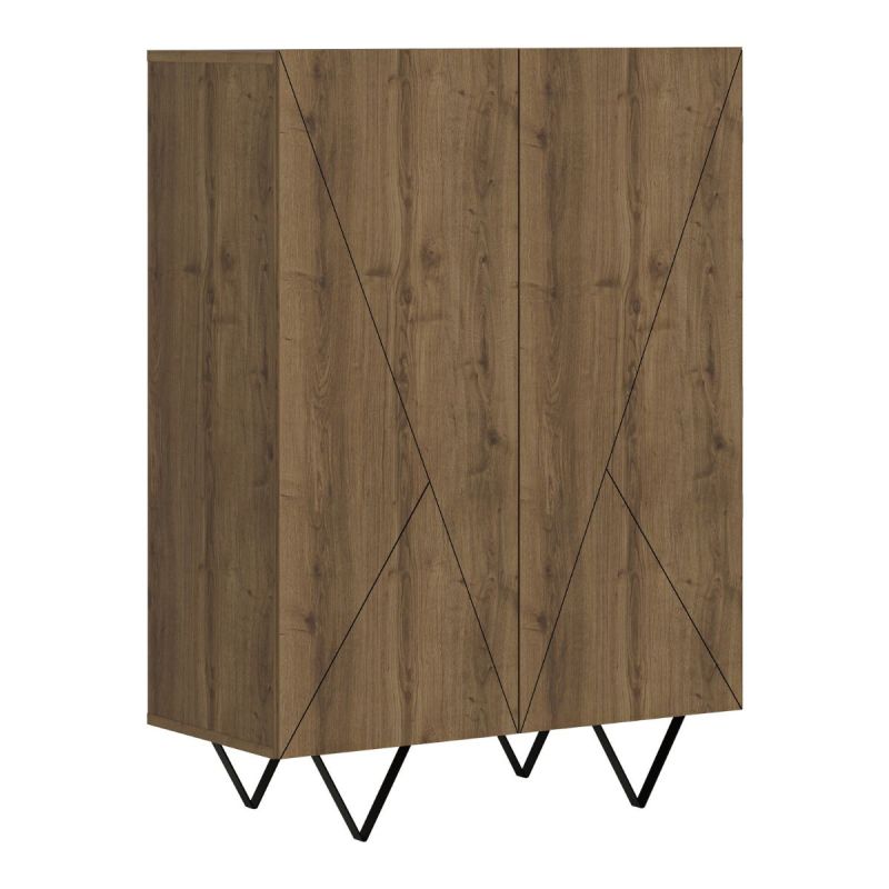 Rangement 2 portes aspect bois foncé avec lignes graphiques pieds métal en V - CORELLE