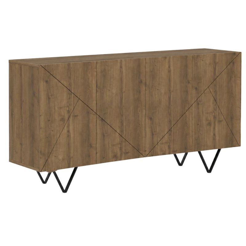 Buffet 4 portes aspect bois foncé avec lignes graphiques pieds métal en V - CORELLE